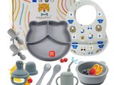 un ensemble pour l'alimentation des bébés comprenant un bavoir, un bol, une cuillère et une cuillère