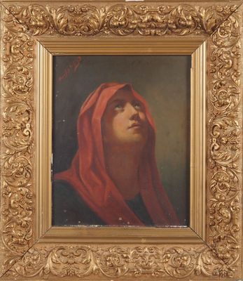 une peinture à l'huile représentant une femme portant un foulard rouge sur la tête