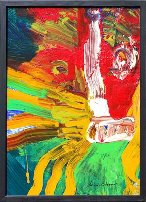 abstract painting of a red vase with yellow and green flowers