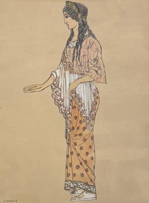 dessin représentant une femme en robe longue, avec une fleur sur la tête