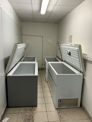 a picture of a room with a refrigerator and a freezer in it