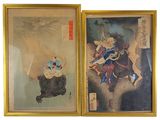 deux tableaux asiatiques encadrés représentant un homme à cheval et une femme à cheval