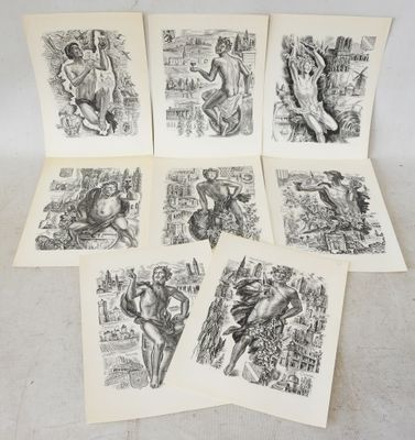 six black and white drawings of people on a table