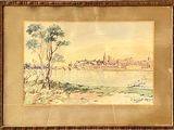 une vieille photo représentant un tableau d'une ville au bord de l'eau