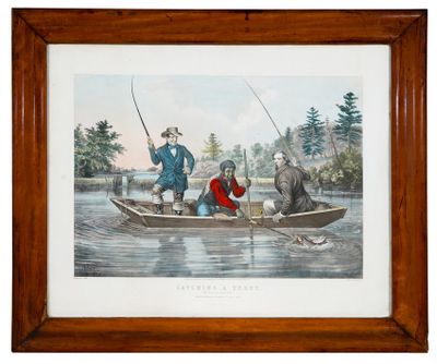 an old painting of three men fishing in a boat on a lake