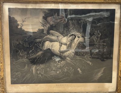 an image of a painting of a woman riding a horse in a forest