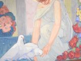 a painting of a woman feeding a white dove