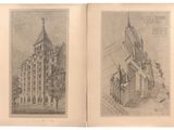 un vieux livre contenant deux dessins représentant un bâtiment et une tour horloge