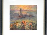 a painting of a lighthouse in the distance with flowers in the foreground