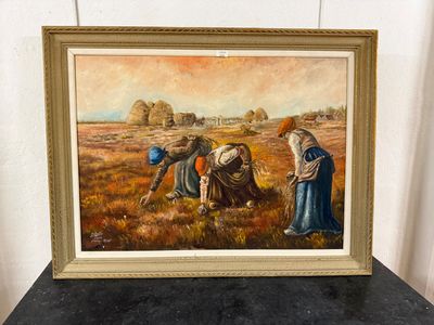 an oil painting of a group of people working in a field