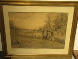 painting of two men on horses with a dog in the foreground