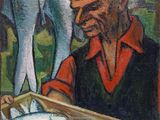 une peinture à l'huile représentant un homme tenant une boîte de poissons