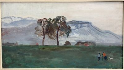 an oil painting of people walking in a field with a mountain in the background