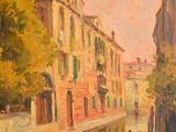 painting of a gondola on a canal with buildings in the background