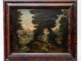 a painting of a wooded landscape with a man and a dog