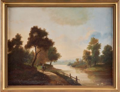 une image représentant un tableau représentant une scène fluviale avec des personnes sur un pont