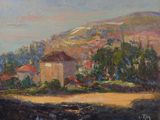an oil painting of a house on a hill near a river