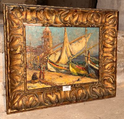 une image d'une photo d'un tableau représentant un bateau sur une plage