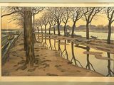 a picture of a painting of a park by the water