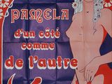 a red and blue poster with a woman in a red dress