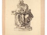 an old drawing of a woman sitting on a chair with a child