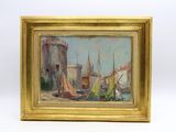 une peinture à l'huile représentant des bateaux dans un port avec un château à l'arrière-plan