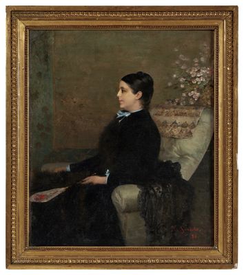 une peinture à l'huile représentant une femme assise sur une chaise, un livre à la main