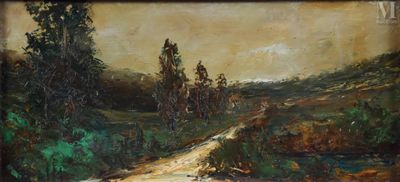 une peinture à l'huile représentant un chemin de terre avec des arbres en arrière-plan