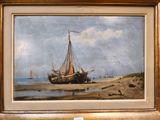 une image d'un tableau représentant un bateau sur la plage