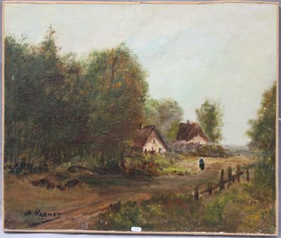 an oil painting of a farm scene with a person walking down the road