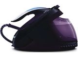une image représentant un fer à repasser à vapeur noir et violet sur fond blanc