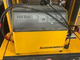 a yellow forklift that is parked in a warehouse