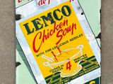 une affiche sur le mur d'un immeuble faisant la promotion de la soupe au poulet « Lemono »
