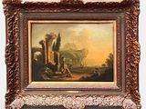 an old painting of a landscape with a man and a dog by a fountain