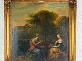 une peinture à l'huile représentant deux femmes assises sur un banc devant un mur blanc