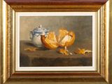 an oil painting of an orange and a blue vase on a table