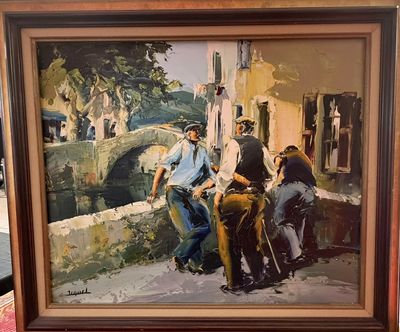 a painting of a group of men hanging on a wall