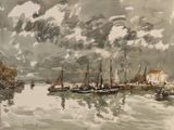 a painting of a harbor with boats on the water