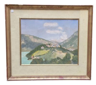 an image of a painting of a village on a hill