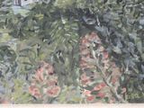 a picture of a painting of a house in the woods