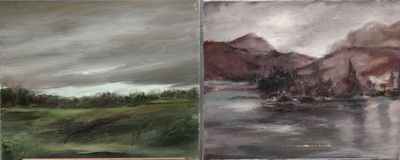peinture représentant un paysage avec une rivière et des montagnes en arrière-plan