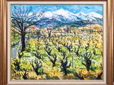 a painting of a field with trees and mountains in the background