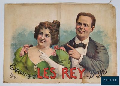 une vieille affiche représentant un homme et une femme en tenue de cérémonie