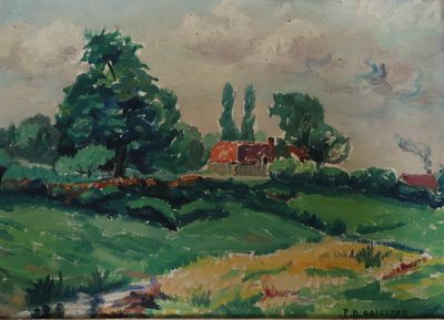 une image représentant un tableau représentant un paysage avec une maison sur une colline