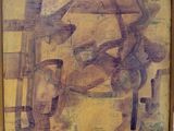 abstract painting of a man riding a horse in front of a building