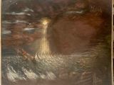 a painting of a man in a boat in the water