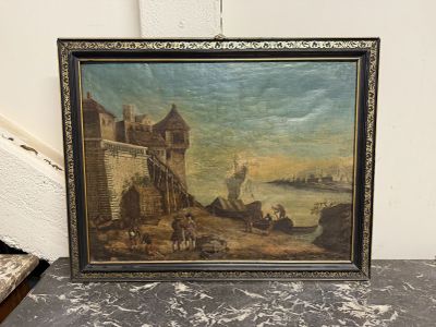 une vieille photo représentant un tableau posé sur une table, à côté d'un livre