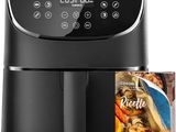 a black air fryer sitting next to a packet of pasta