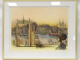 un tableau représentant une vue d'un port avec des bateaux et des bâtiments
