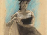 une image représentant le dessin d'une femme vêtue d'une robe noire et blanche